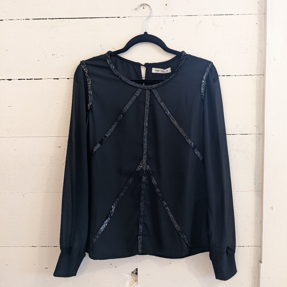 Sheer Sleeve Bouse with Sequin Accents